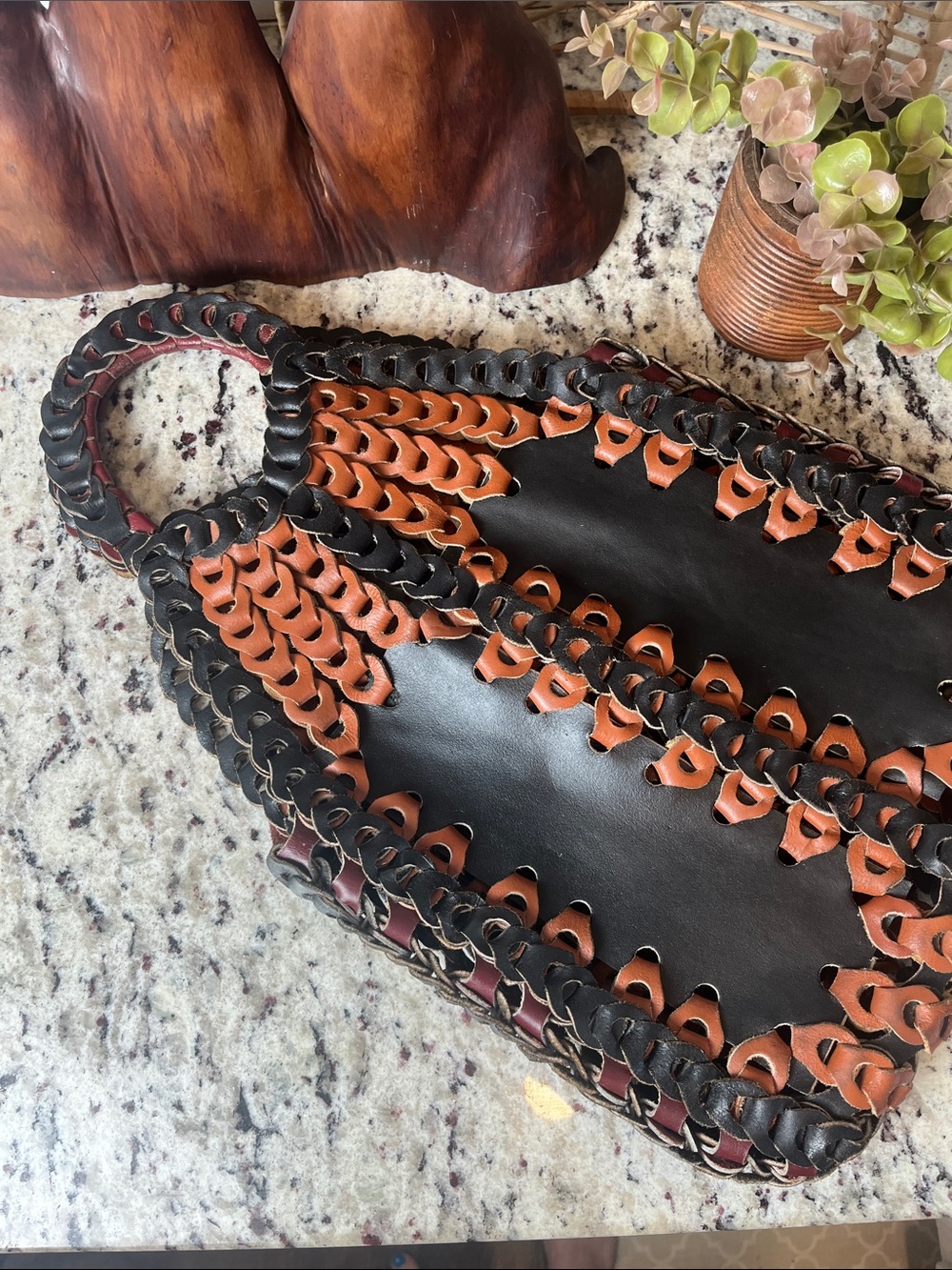 Woven Two-Tone Black & Brown Leather Tote - Picture 4 of 9